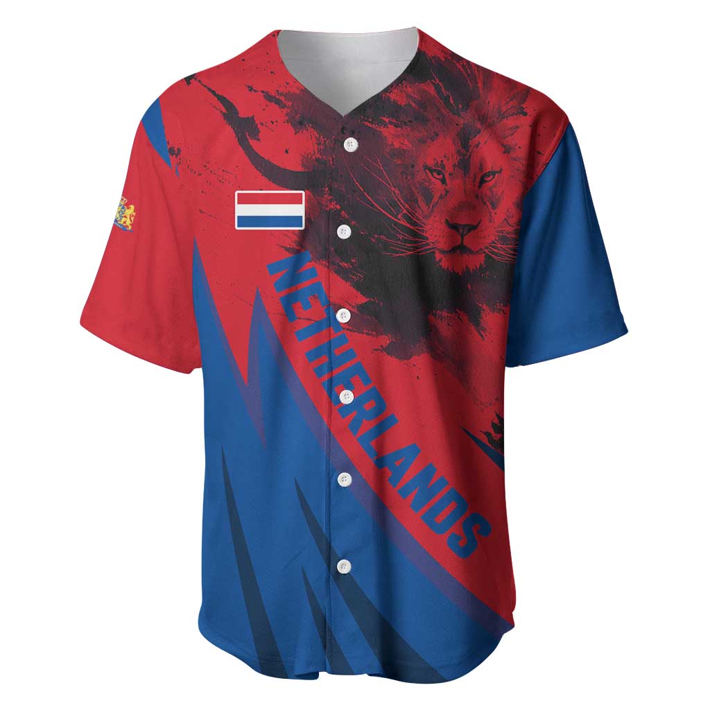 Netherlands Baseball Jersey with Lion Graphic and Dutch Flag in Red and Blue Design - Wonder Print Shop