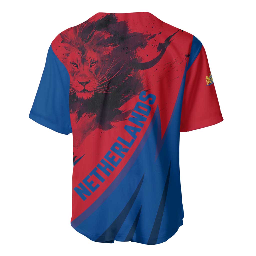 Netherlands Baseball Jersey with Lion Graphic and Dutch Flag in Red and Blue Design - Wonder Print Shop