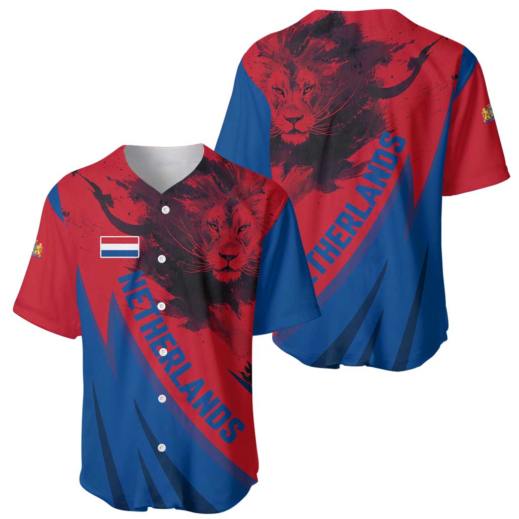 Netherlands Baseball Jersey with Lion Graphic and Dutch Flag in Red and Blue Design - Wonder Print Shop