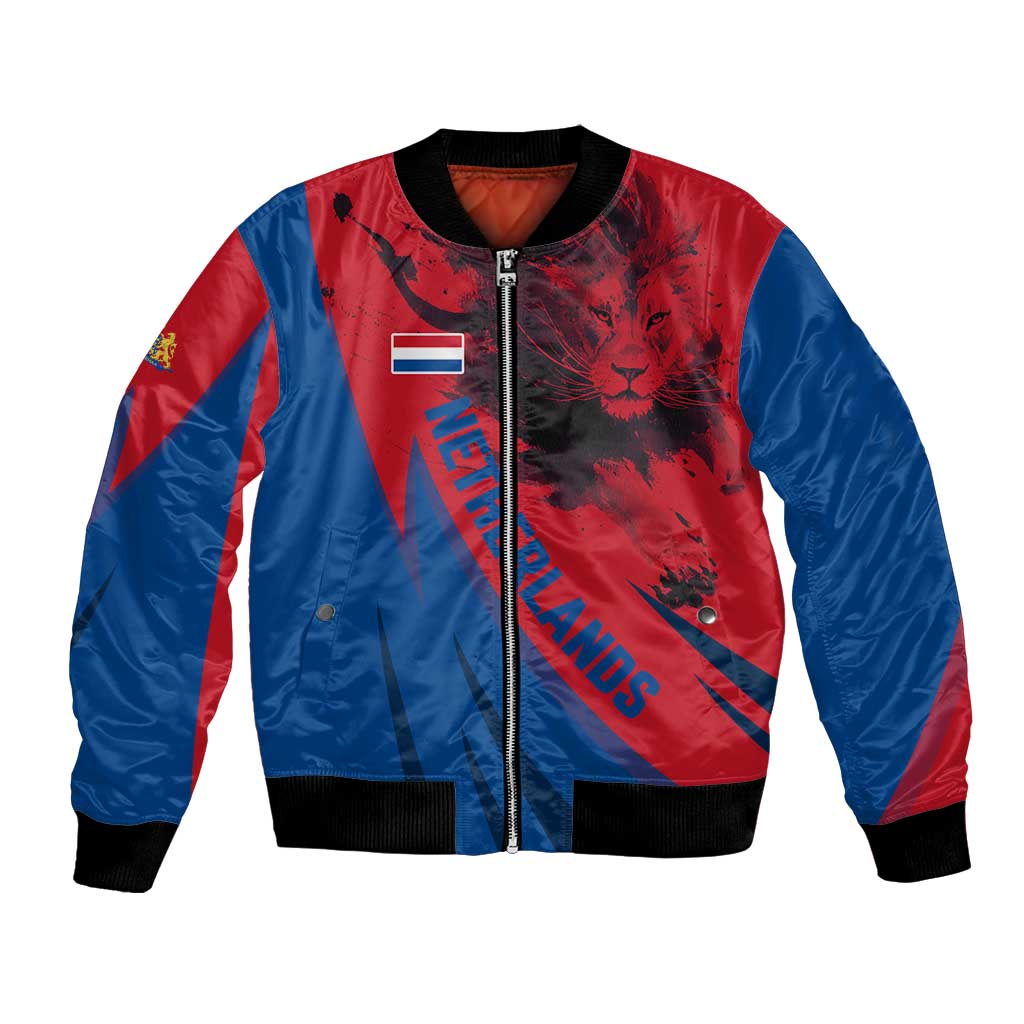 Netherlands Bomber Jacket with Lion Graphic and Dutch Flag in Red and Blue Design - Wonder Print Shop