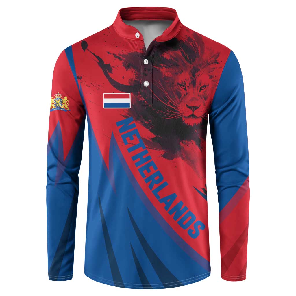 Netherlands Button Sweatshirt with Lion Graphic and Dutch Flag in Red and Blue Design - Wonder Print Shop