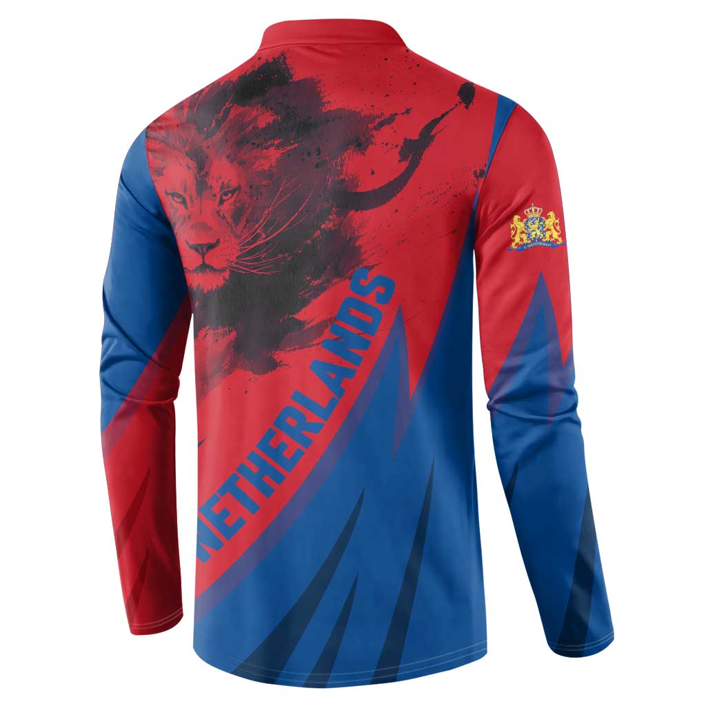 Netherlands Button Sweatshirt with Lion Graphic and Dutch Flag in Red and Blue Design - Wonder Print Shop