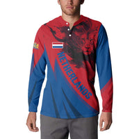 Netherlands Button Sweatshirt with Lion Graphic and Dutch Flag in Red and Blue Design - Wonder Print Shop