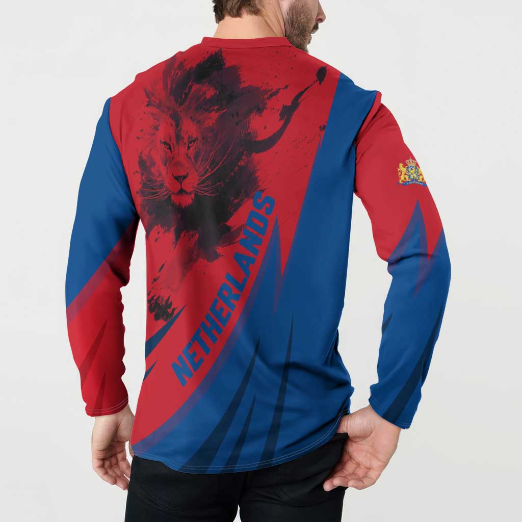 Netherlands Button Sweatshirt with Lion Graphic and Dutch Flag in Red and Blue Design - Wonder Print Shop