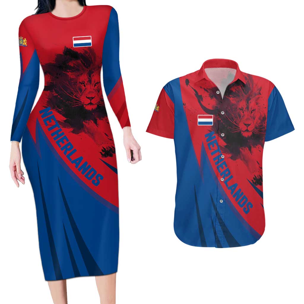 Netherlands Couples Matching Long Sleeve Bodycon Dress and Hawaiian Shirt with Lion Graphic and Dutch Flag in Red and Blue Design - Wonder Print Shop