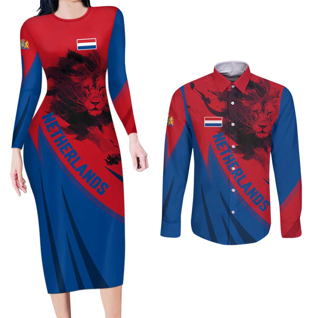 Netherlands Couples Matching Long Sleeve Bodycon Dress and Long Sleeve Button Shirt with Lion Graphic and Dutch Flag in Red and Blue Design - Wonder Print Shop