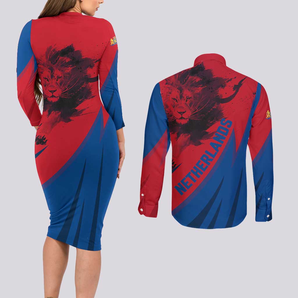 Netherlands Couples Matching Long Sleeve Bodycon Dress and Long Sleeve Button Shirt with Lion Graphic and Dutch Flag in Red and Blue Design - Wonder Print Shop