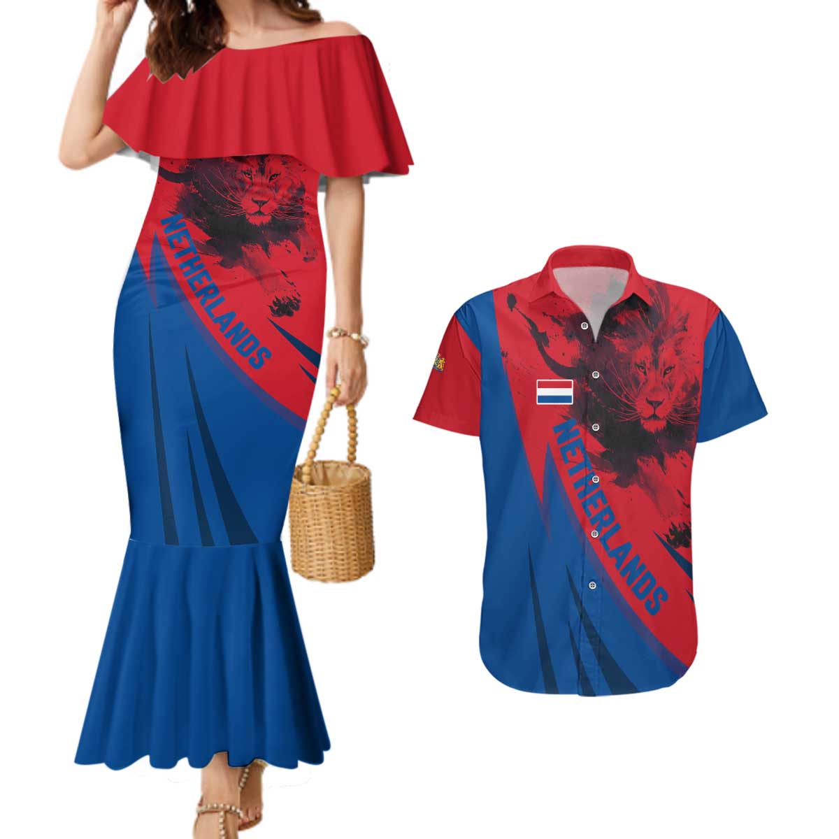 Netherlands Couples Matching Mermaid Dress and Hawaiian Shirt with Lion Graphic and Dutch Flag in Red and Blue Design - Wonder Print Shop