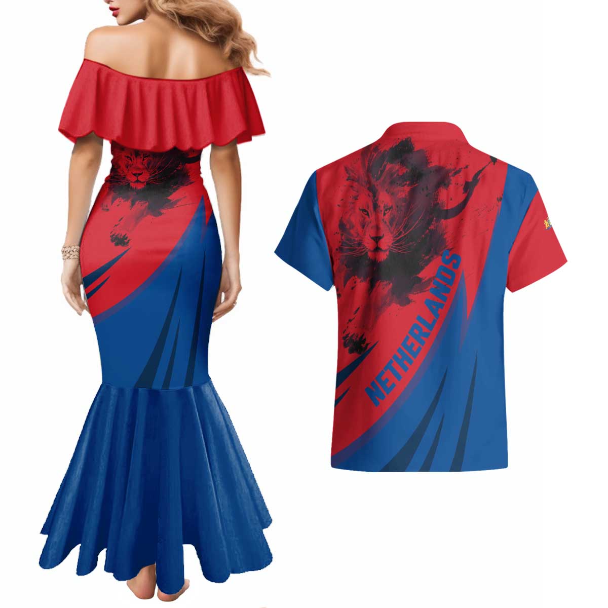 Netherlands Couples Matching Mermaid Dress and Hawaiian Shirt with Lion Graphic and Dutch Flag in Red and Blue Design - Wonder Print Shop