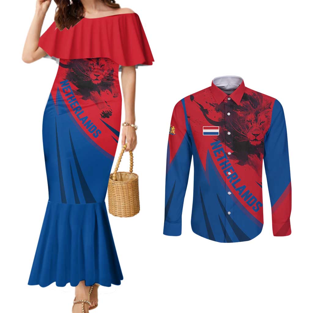 Netherlands Couples Matching Mermaid Dress and Long Sleeve Button Shirt with Lion Graphic and Dutch Flag in Red and Blue Design - Wonder Print Shop