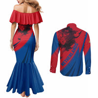 Netherlands Couples Matching Mermaid Dress and Long Sleeve Button Shirt with Lion Graphic and Dutch Flag in Red and Blue Design - Wonder Print Shop