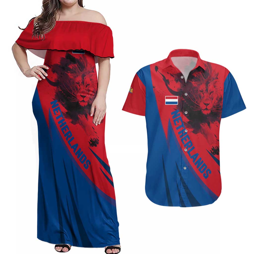 Netherlands Couples Matching Off Shoulder Maxi Dress and Hawaiian Shirt with Lion Graphic and Dutch Flag in Red and Blue Design - Wonder Print Shop
