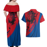 Netherlands Couples Matching Off Shoulder Maxi Dress and Hawaiian Shirt with Lion Graphic and Dutch Flag in Red and Blue Design - Wonder Print Shop