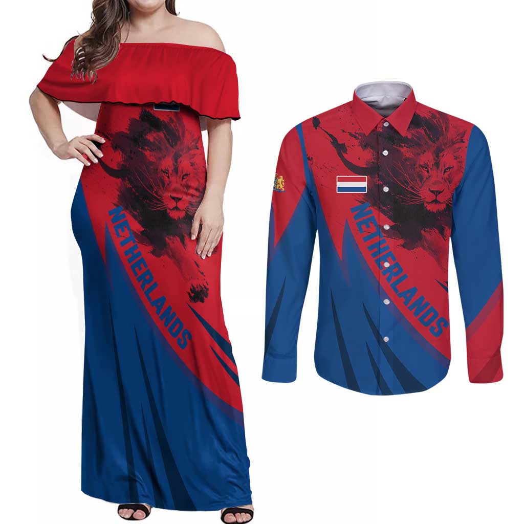 Netherlands Couples Matching Off Shoulder Maxi Dress and Long Sleeve Button Shirt with Lion Graphic and Dutch Flag in Red and Blue Design - Wonder Print Shop