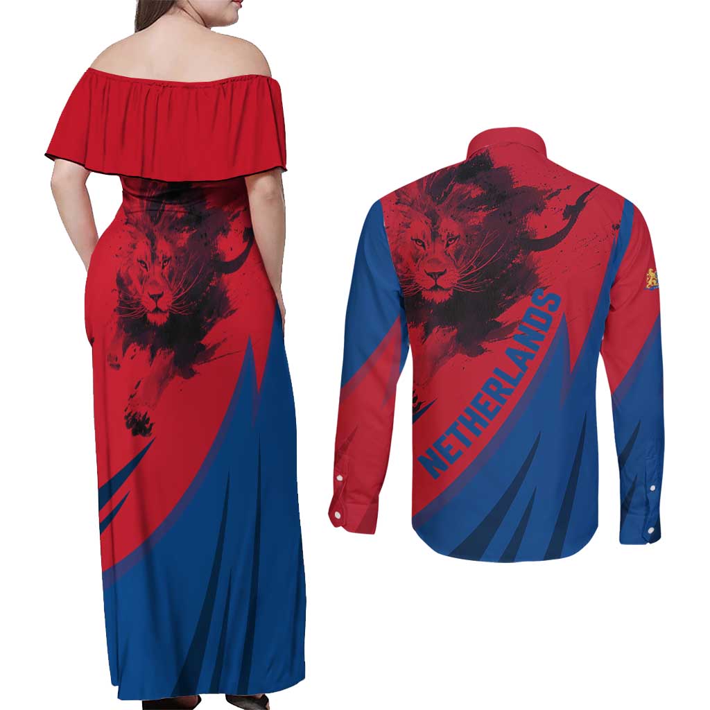 Netherlands Couples Matching Off Shoulder Maxi Dress and Long Sleeve Button Shirt with Lion Graphic and Dutch Flag in Red and Blue Design - Wonder Print Shop