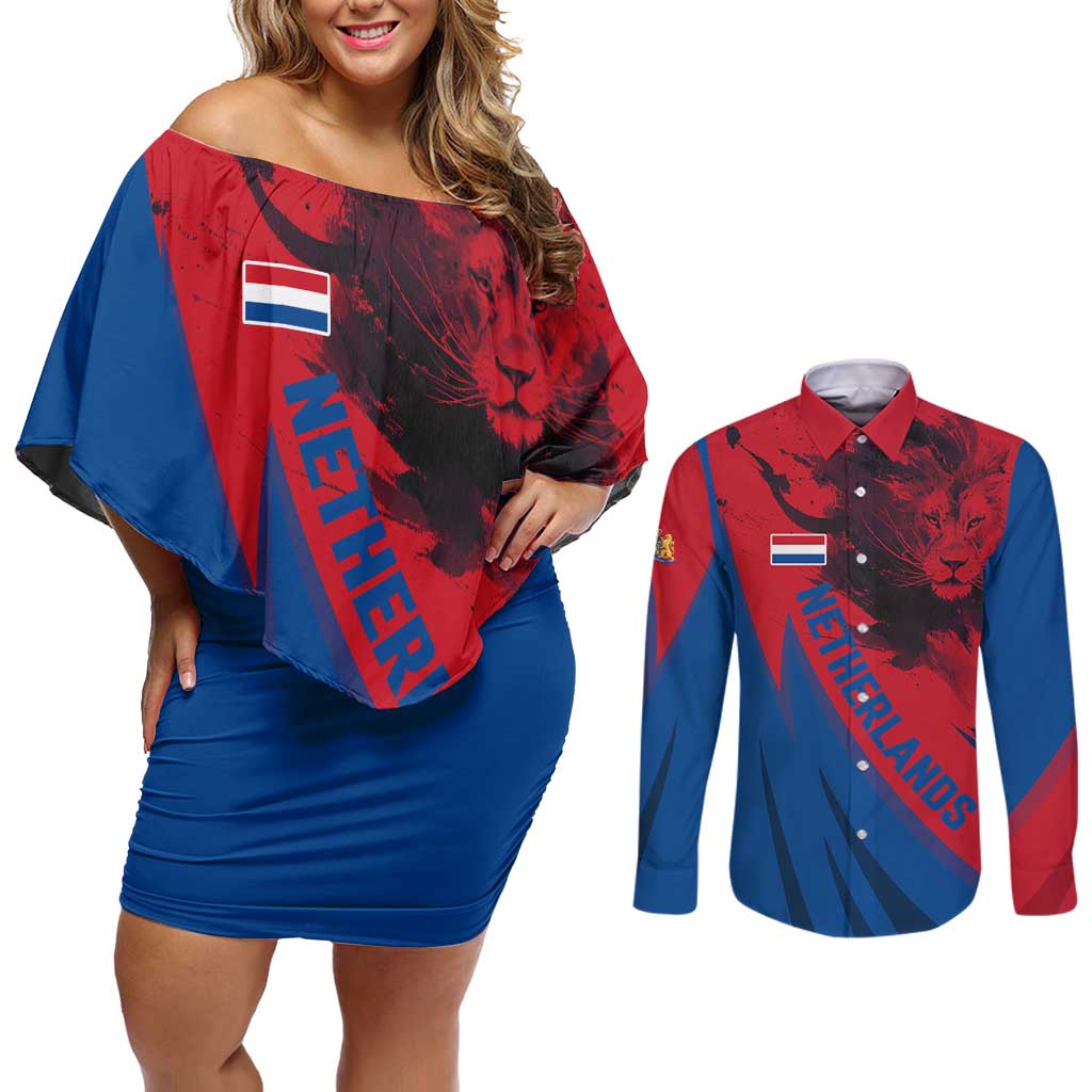 Netherlands Couples Matching Off Shoulder Short Dress and Long Sleeve Button Shirt with Lion Graphic and Dutch Flag in Red and Blue Design - Wonder Print Shop