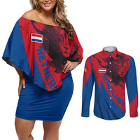 Netherlands Couples Matching Off Shoulder Short Dress and Long Sleeve Button Shirt with Lion Graphic and Dutch Flag in Red and Blue Design - Wonder Print Shop