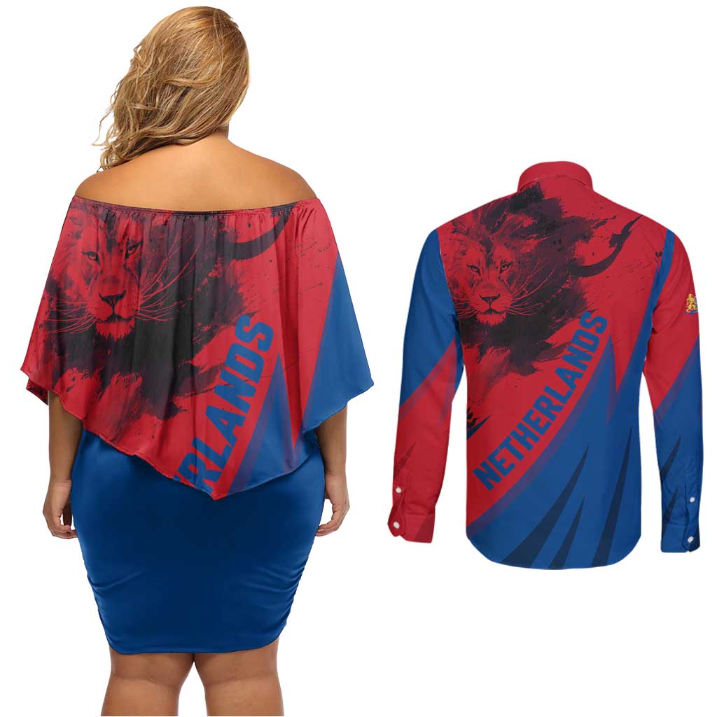 Netherlands Couples Matching Off Shoulder Short Dress and Long Sleeve Button Shirt with Lion Graphic and Dutch Flag in Red and Blue Design - Wonder Print Shop