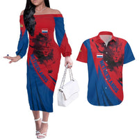 Netherlands Couples Matching Off The Shoulder Long Sleeve Dress and Hawaiian Shirt with Lion Graphic and Dutch Flag in Red and Blue Design - Wonder Print Shop