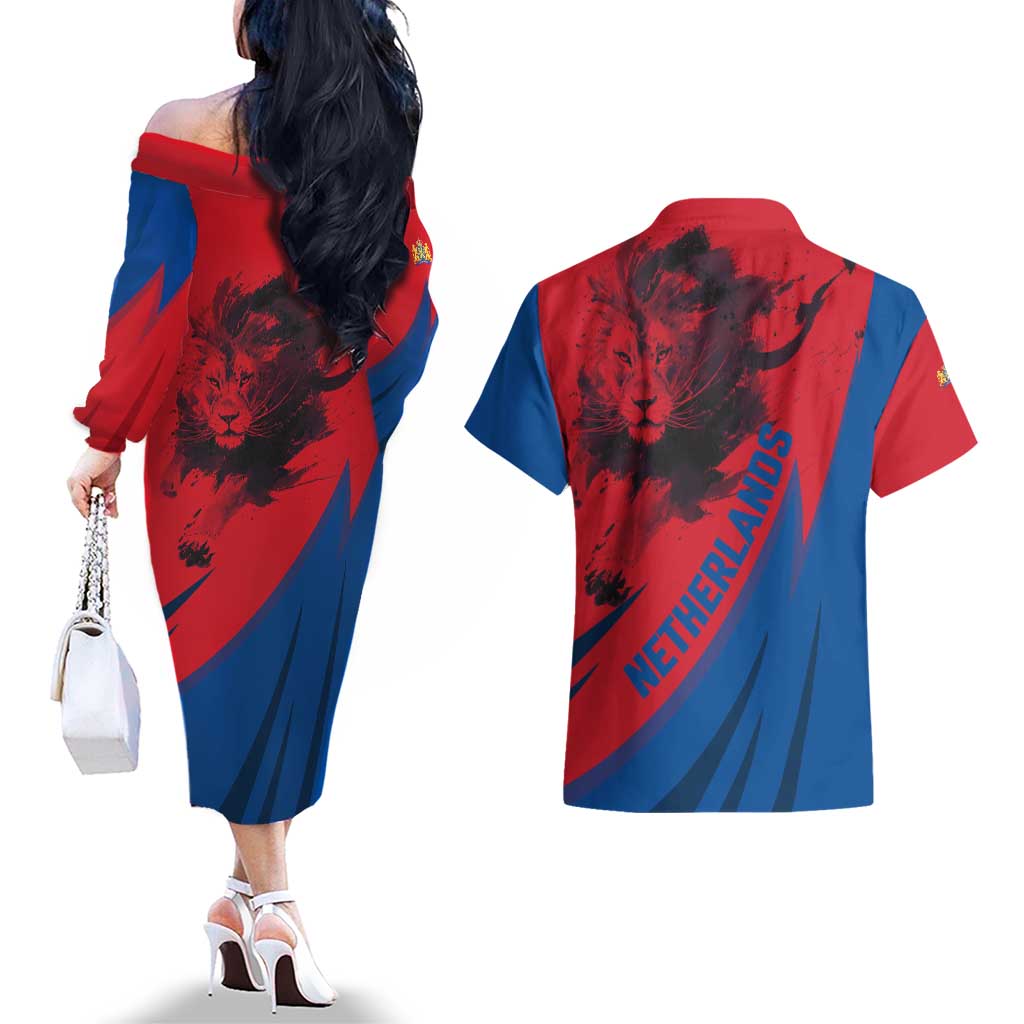 Netherlands Couples Matching Off The Shoulder Long Sleeve Dress and Hawaiian Shirt with Lion Graphic and Dutch Flag in Red and Blue Design - Wonder Print Shop