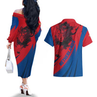 Netherlands Couples Matching Off The Shoulder Long Sleeve Dress and Hawaiian Shirt with Lion Graphic and Dutch Flag in Red and Blue Design - Wonder Print Shop