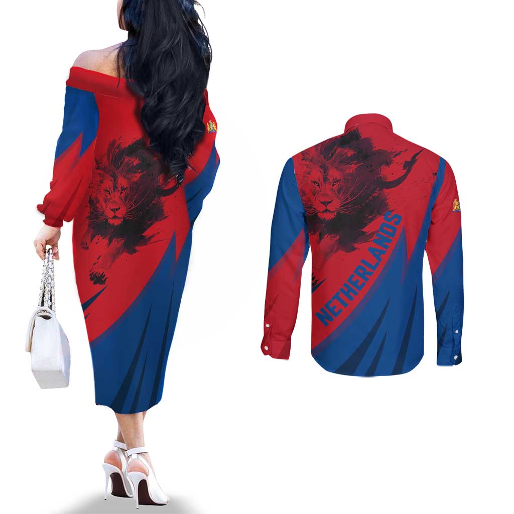 Netherlands Couples Matching Off The Shoulder Long Sleeve Dress and Long Sleeve Button Shirt with Lion Graphic and Dutch Flag in Red and Blue Design - Wonder Print Shop