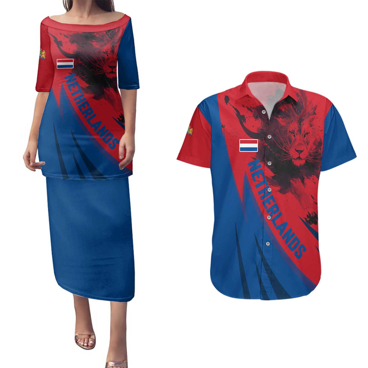 Netherlands Couples Matching Puletasi and Hawaiian Shirt with Lion Graphic and Dutch Flag in Red and Blue Design - Wonder Print Shop