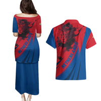 Netherlands Couples Matching Puletasi and Hawaiian Shirt with Lion Graphic and Dutch Flag in Red and Blue Design - Wonder Print Shop