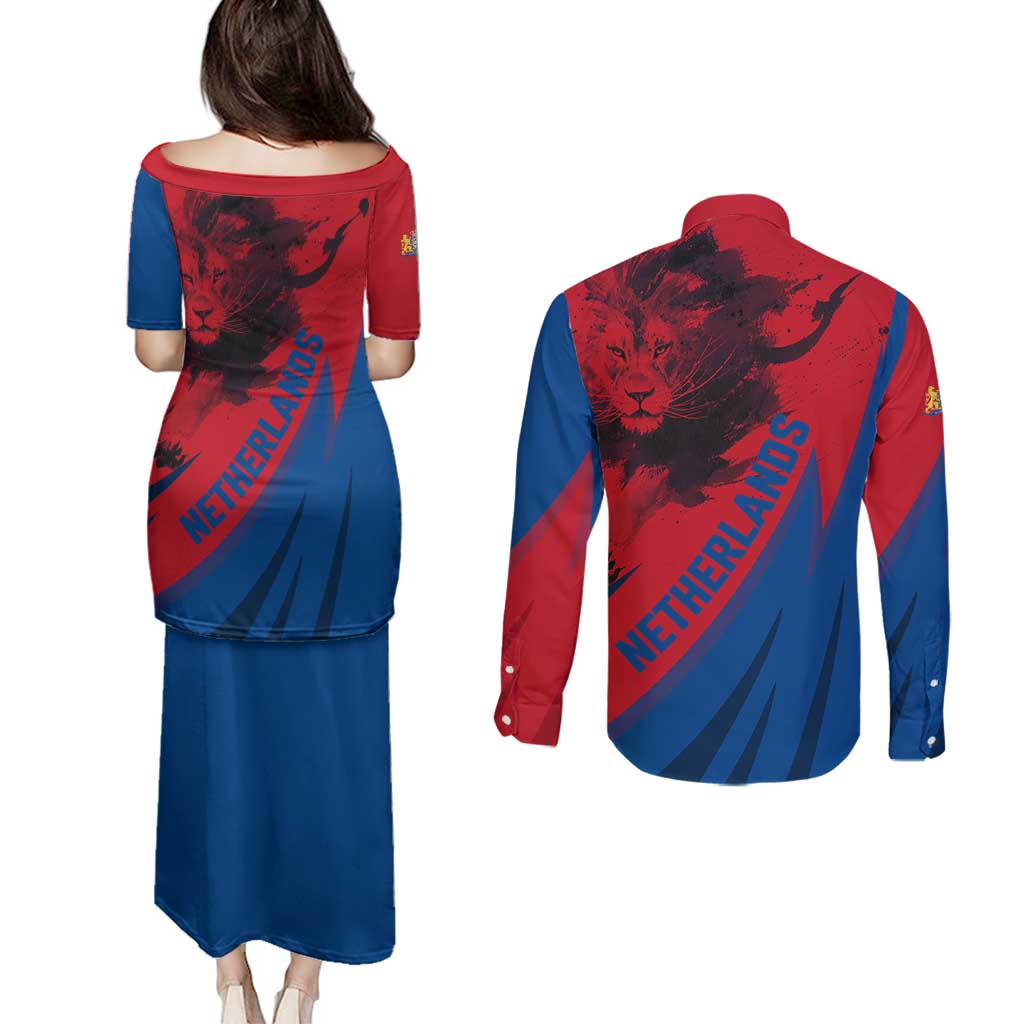 Netherlands Couples Matching Puletasi and Long Sleeve Button Shirt with Lion Graphic and Dutch Flag in Red and Blue Design - Wonder Print Shop