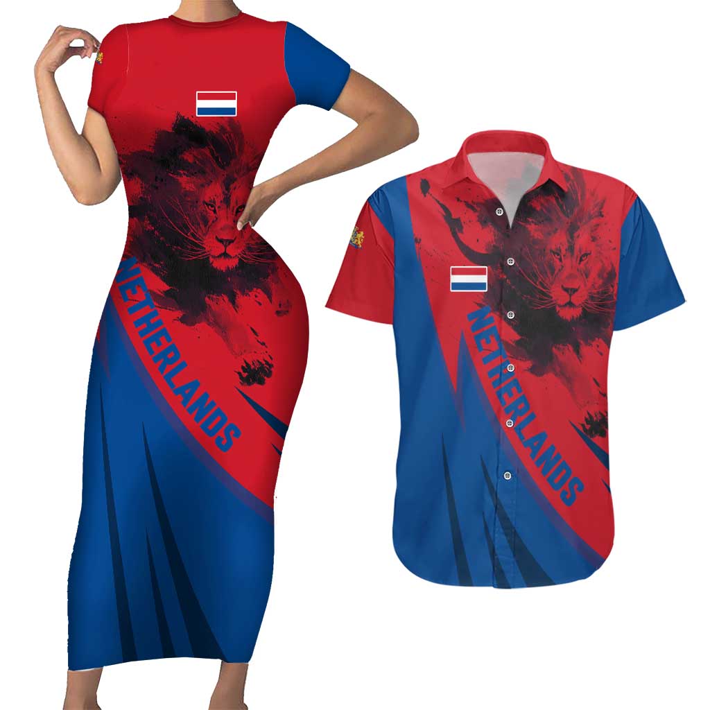 Netherlands Couples Matching Short Sleeve Bodycon Dress and Hawaiian Shirt with Lion Graphic and Dutch Flag in Red and Blue Design - Wonder Print Shop