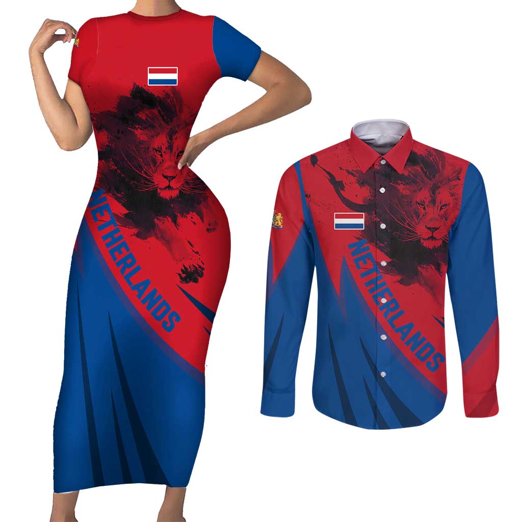Netherlands Couples Matching Short Sleeve Bodycon Dress and Long Sleeve Button Shirt with Lion Graphic and Dutch Flag in Red and Blue Design - Wonder Print Shop