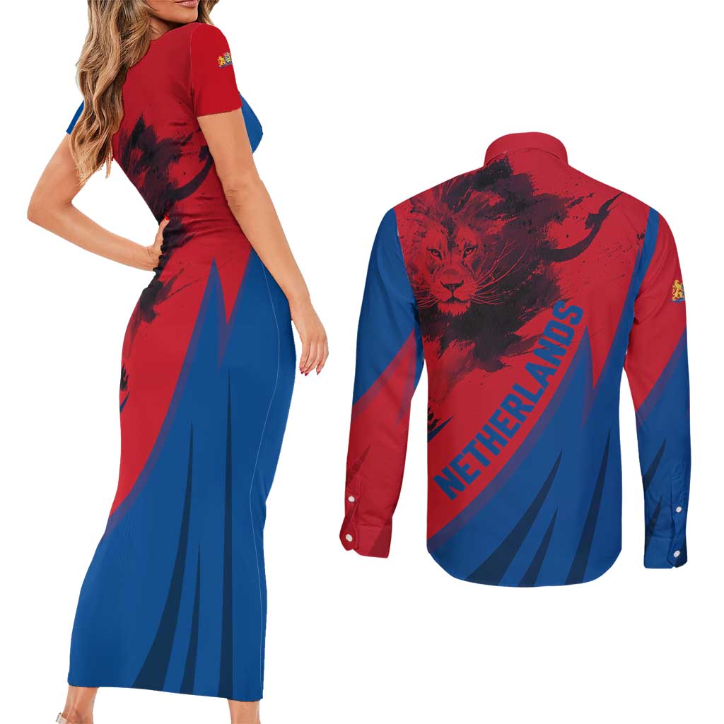 Netherlands Couples Matching Short Sleeve Bodycon Dress and Long Sleeve Button Shirt with Lion Graphic and Dutch Flag in Red and Blue Design - Wonder Print Shop