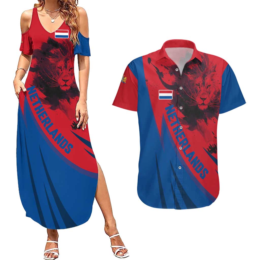 Netherlands Couples Matching Summer Maxi Dress and Hawaiian Shirt with Lion Graphic and Dutch Flag in Red and Blue Design - Wonder Print Shop