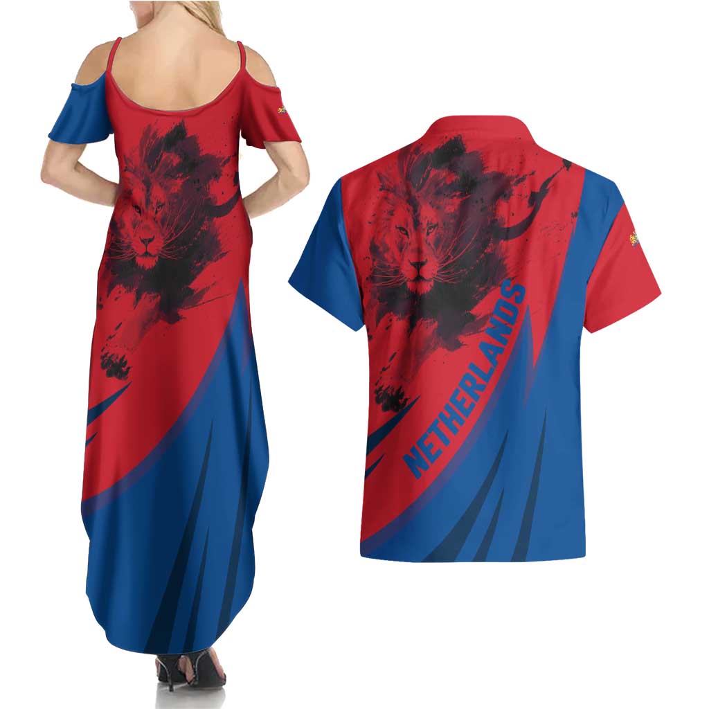 Netherlands Couples Matching Summer Maxi Dress and Hawaiian Shirt with Lion Graphic and Dutch Flag in Red and Blue Design - Wonder Print Shop