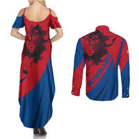 Netherlands Couples Matching Summer Maxi Dress and Long Sleeve Button Shirt with Lion Graphic and Dutch Flag in Red and Blue Design - Wonder Print Shop