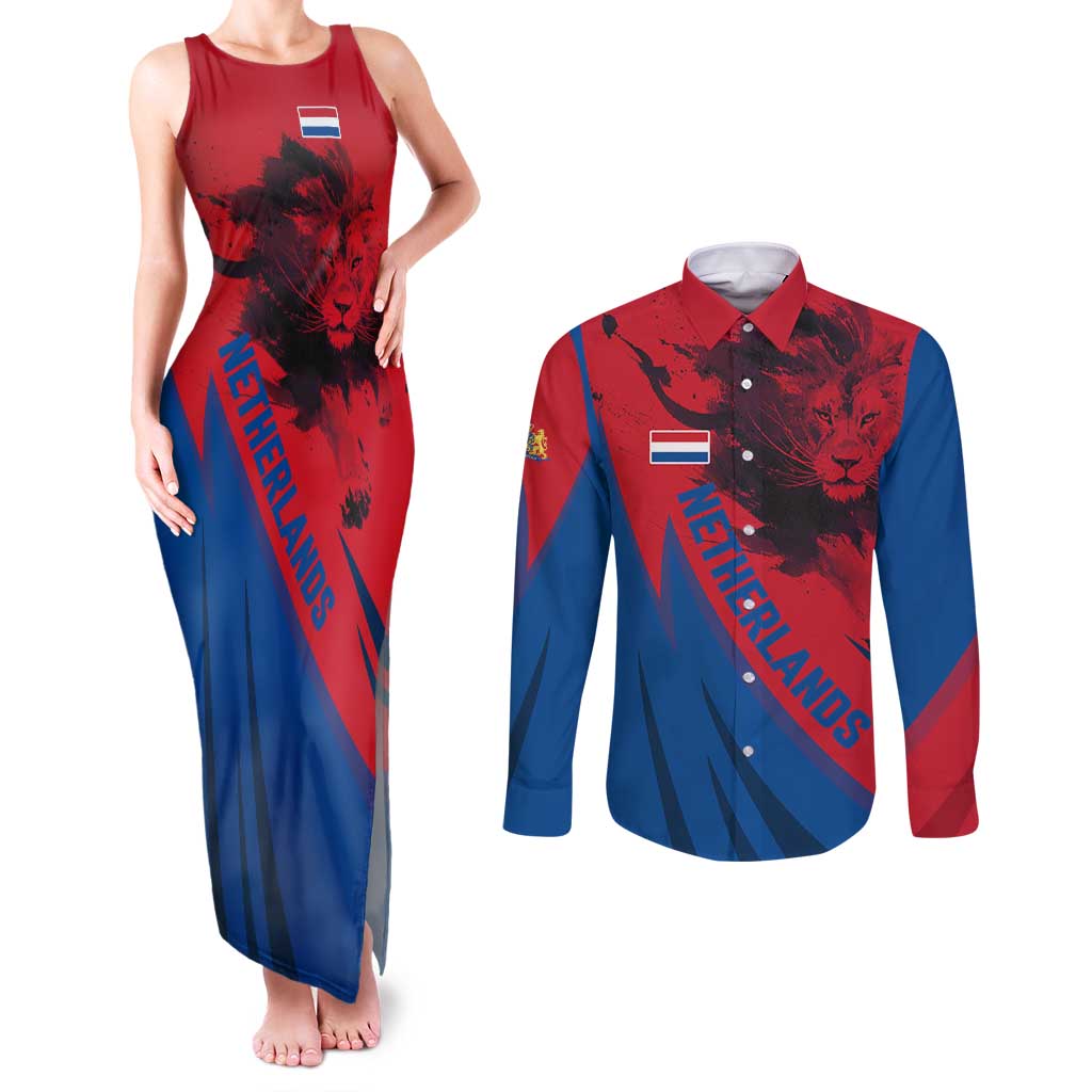 Netherlands Couples Matching Tank Maxi Dress and Long Sleeve Button Shirt with Lion Graphic and Dutch Flag in Red and Blue Design - Wonder Print Shop