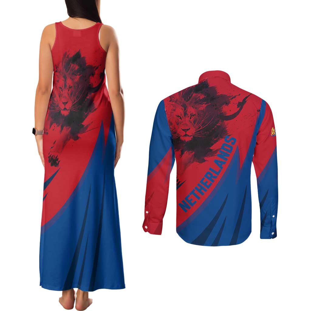 Netherlands Couples Matching Tank Maxi Dress and Long Sleeve Button Shirt with Lion Graphic and Dutch Flag in Red and Blue Design - Wonder Print Shop