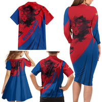 Netherlands Family Matching Long Sleeve Bodycon Dress and Hawaiian Shirt with Lion Graphic and Dutch Flag in Red and Blue Design - Wonder Print Shop