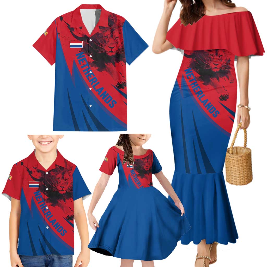 Netherlands Family Matching Mermaid Dress and Hawaiian Shirt with Lion Graphic and Dutch Flag in Red and Blue Design - Wonder Print Shop