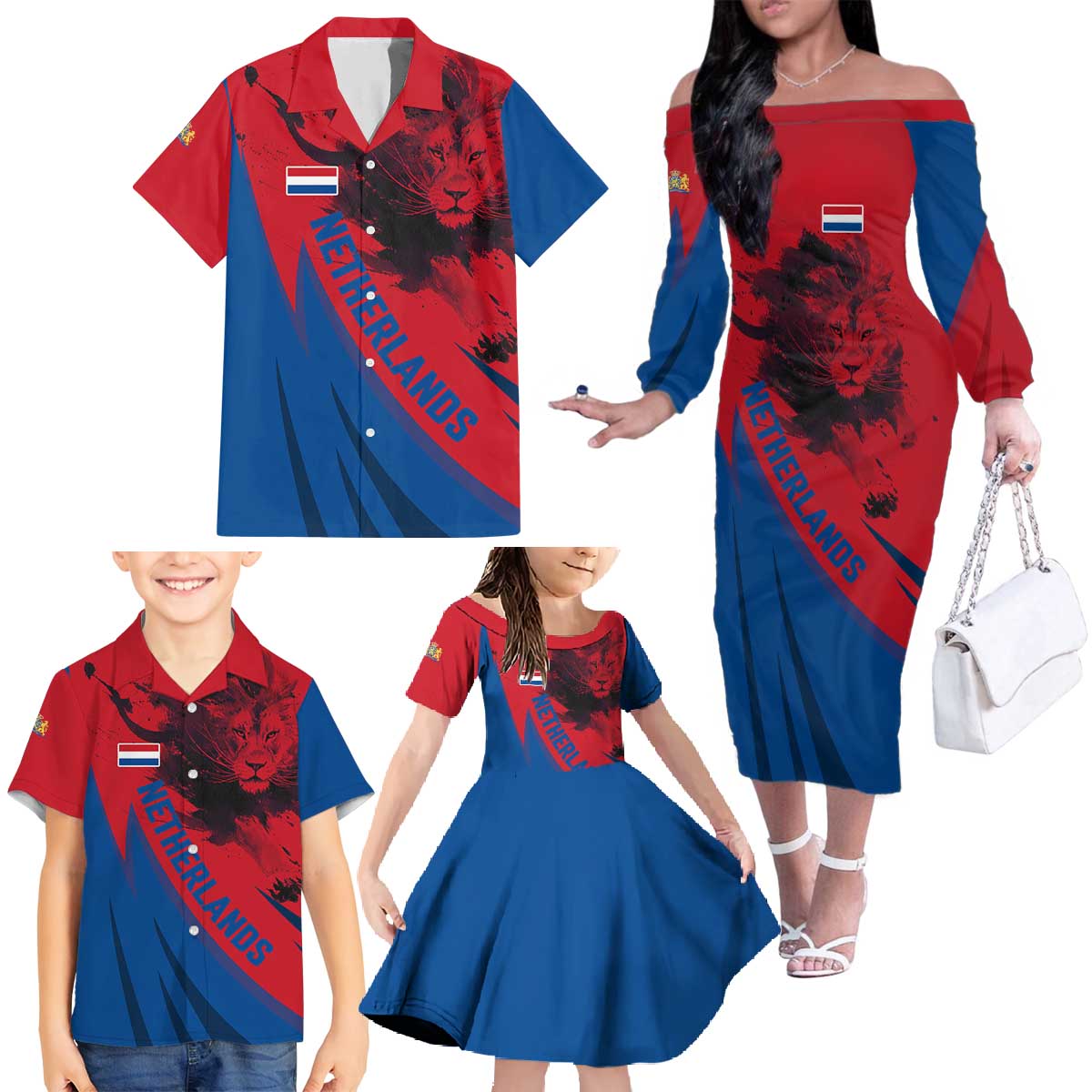Netherlands Family Matching Off The Shoulder Long Sleeve Dress and Hawaiian Shirt with Lion Graphic and Dutch Flag in Red and Blue Design - Wonder Print Shop