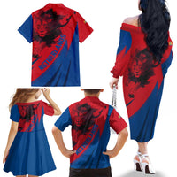 Netherlands Family Matching Off The Shoulder Long Sleeve Dress and Hawaiian Shirt with Lion Graphic and Dutch Flag in Red and Blue Design - Wonder Print Shop
