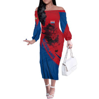 Netherlands Family Matching Off The Shoulder Long Sleeve Dress and Hawaiian Shirt with Lion Graphic and Dutch Flag in Red and Blue Design - Wonder Print Shop