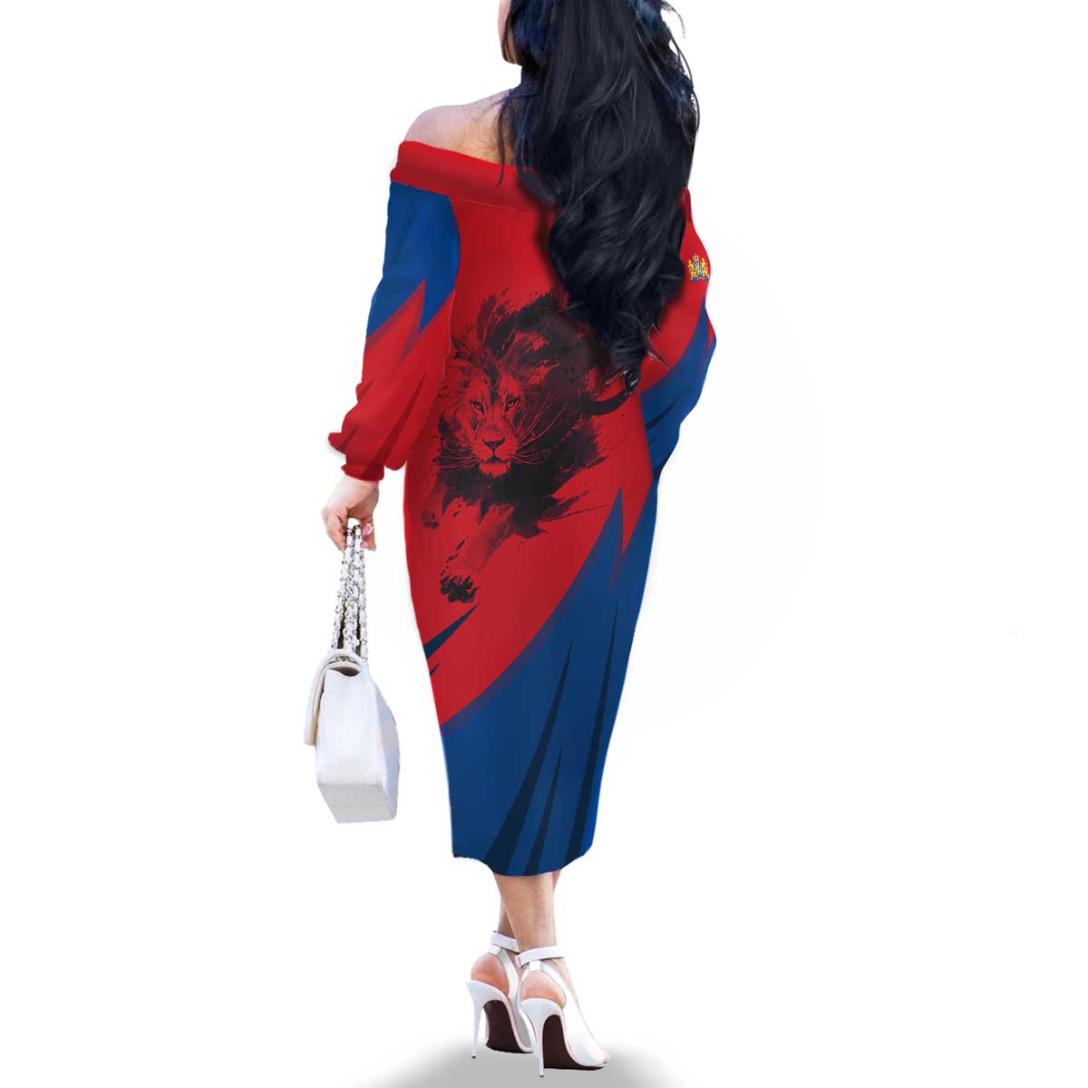 Netherlands Family Matching Off The Shoulder Long Sleeve Dress and Hawaiian Shirt with Lion Graphic and Dutch Flag in Red and Blue Design - Wonder Print Shop