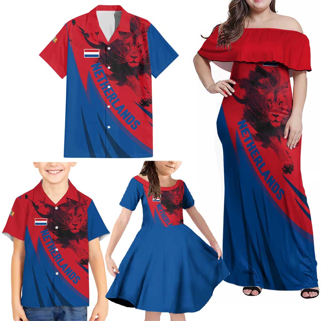 Netherlands Family Matching Off Shoulder Maxi Dress and Hawaiian Shirt with Lion Graphic and Dutch Flag in Red and Blue Design - Wonder Print Shop