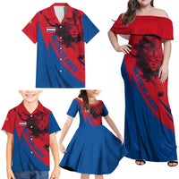 Netherlands Family Matching Off Shoulder Maxi Dress and Hawaiian Shirt with Lion Graphic and Dutch Flag in Red and Blue Design - Wonder Print Shop