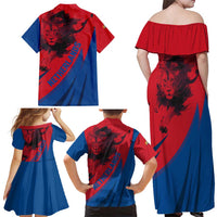 Netherlands Family Matching Off Shoulder Maxi Dress and Hawaiian Shirt with Lion Graphic and Dutch Flag in Red and Blue Design - Wonder Print Shop