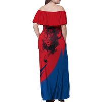 Netherlands Family Matching Off Shoulder Maxi Dress and Hawaiian Shirt with Lion Graphic and Dutch Flag in Red and Blue Design - Wonder Print Shop
