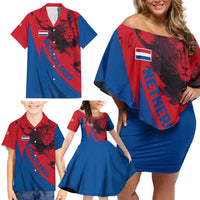 Netherlands Family Matching Off Shoulder Short Dress and Hawaiian Shirt with Lion Graphic and Dutch Flag in Red and Blue Design - Wonder Print Shop