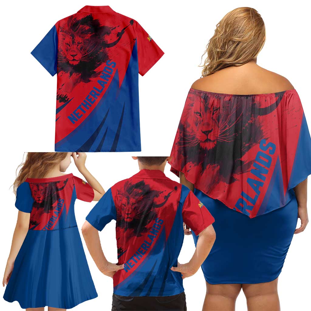 Netherlands Family Matching Off Shoulder Short Dress and Hawaiian Shirt with Lion Graphic and Dutch Flag in Red and Blue Design - Wonder Print Shop