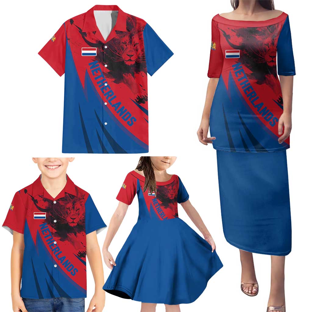 Netherlands Family Matching Puletasi and Hawaiian Shirt with Lion Graphic and Dutch Flag in Red and Blue Design - Wonder Print Shop